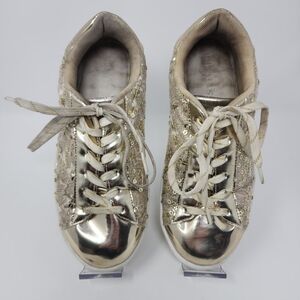 Uubaris Gold Sparkle Sequin Floral Pattern Glitter Sneakers Size 7